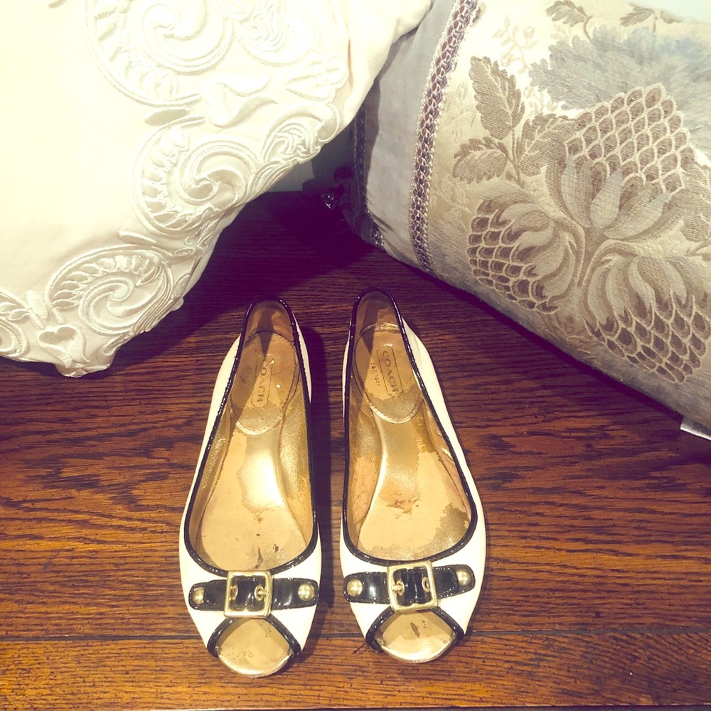 Black and Cream Leana Peep-toe Coach Flats